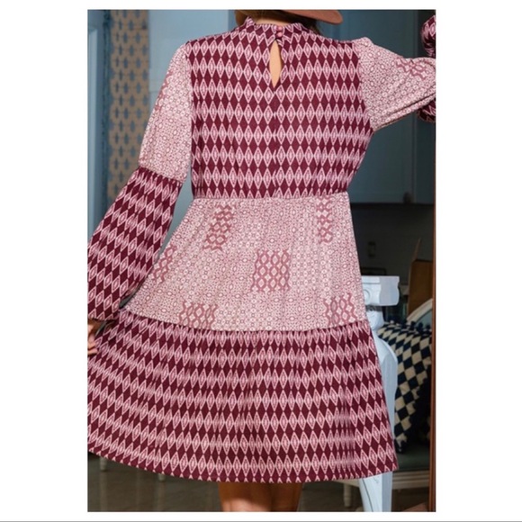 New Burgundy Puff Sleeve Multi Print Modest Fall Dress - Picture 3 of 5